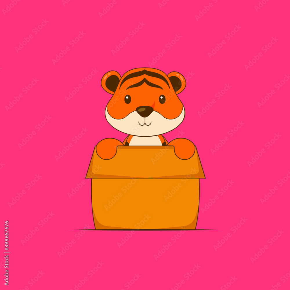 Fototapeta premium Cute Tiger Playing Box Cartoon