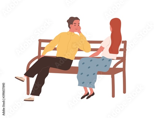 Romantic couple sitting on bench and talking. Cute enamored man and woman on a date outdoors. Young family spend time together. Flat vector cartoon illustration isolated on white background