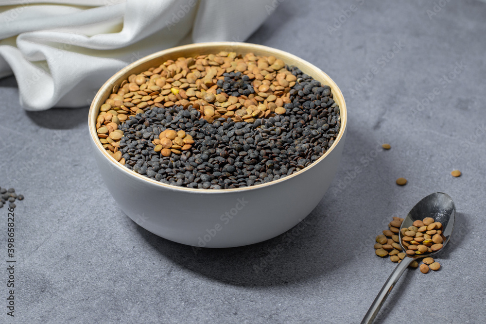 Lentils in a bowl. Creative food concept. Yin Yang