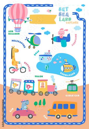 transportation poster for preschool. doodle illustration for kids. transportation. cute cartoon. word. vehicle word. transportation poster. animal pattern. 
