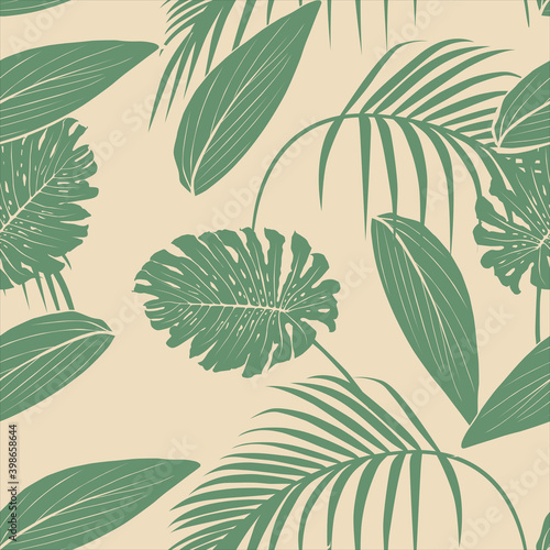 Green plants with cream color background. Seamless pattern. Vector Illustration