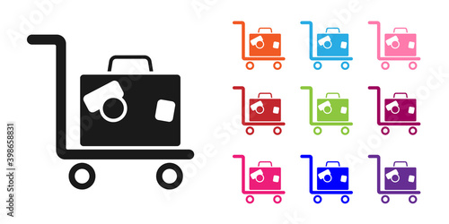 Black Hotel luggage cart with suitcase icon isolated on white background. Traveling baggage sign. Travel luggage icon. Set icons colorful. Vector.