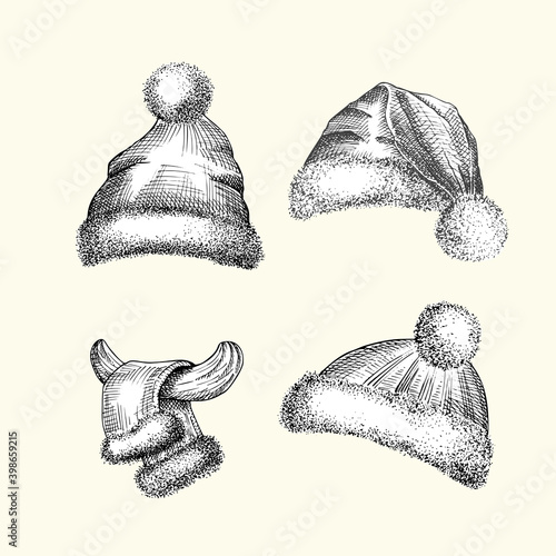 Set Hand drawn sketch santa hat and fur scarf. Black graphic Engraving art isolated on white background. Christmas and New Year vintage style design . Vector illustration
