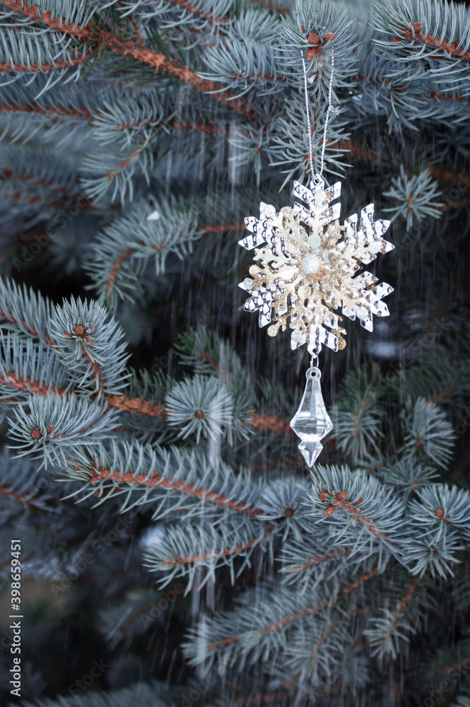 snowflake hanging on a branch, Christmas toy, festive mood, family traditions, ussr, new year tree, blue spruce