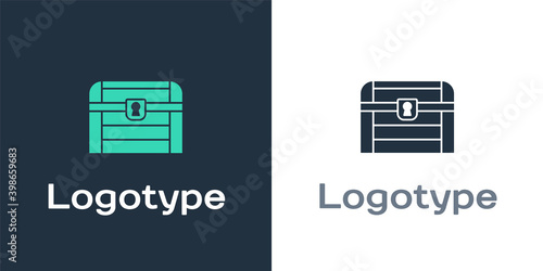 Logotype Antique treasure chest icon isolated on white background. Vintage wooden chest with golden coin. Logo design template element. Vector.