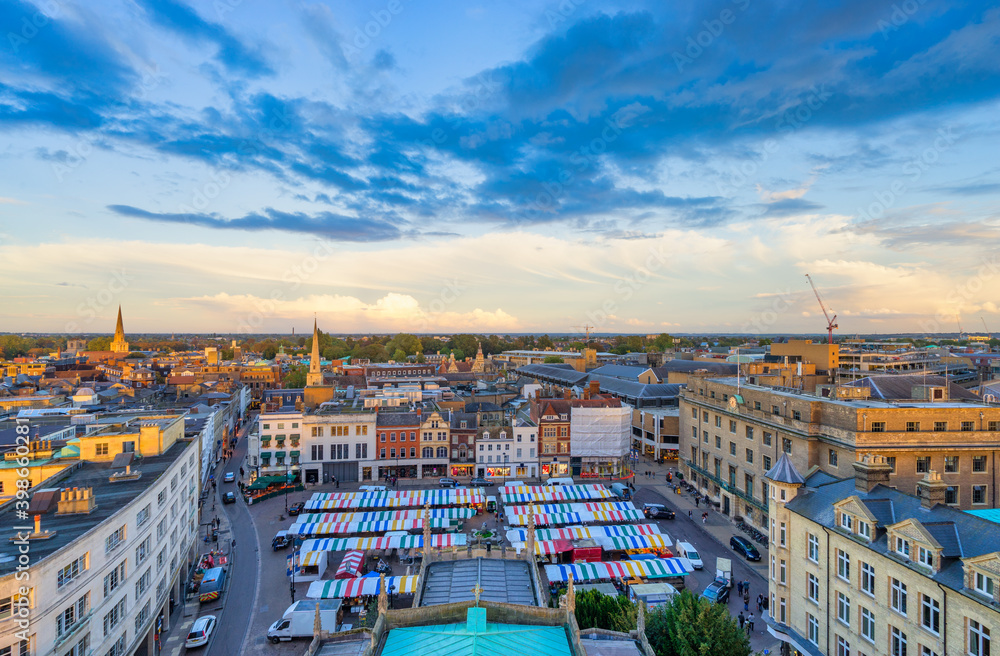 Aerial view of Cambridge market square in afternoon light. England