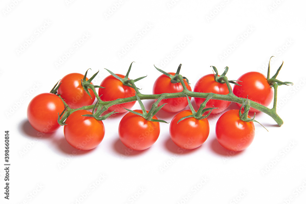 Cherry tomatoes branch isolated on white background . Red tomato. Tomatoes on a branch. Isolated background. Article about vegetables. Decoration. Copy space. Cherry tomatoes branch isolated on white background . Red tomato. Tomatoes on a branch. Isolated background. Article about vegetables. Decoration. Copy space.