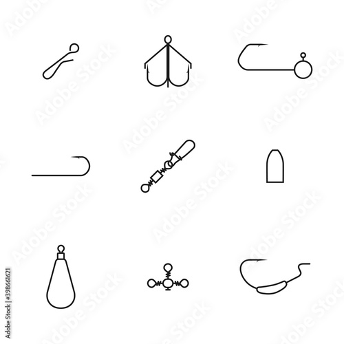 Set of different spinning fishing accessories and tackles, vector illustration.