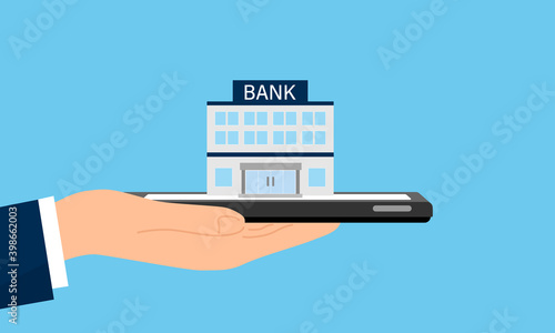 スマホの上の銀行、オンラインバンク・ネットバンクのイラストイメージ、ベクターイラストレーション
