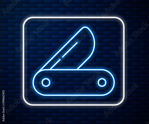 Glowing neon line Swiss army knife icon isolated on brick wall background. Multi-tool, multipurpose penknife. Multifunctional tool.  Vector.