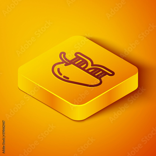 Isometric line Genetically modified apple icon isolated on orange background. GMO fruit. Yellow square button. Vector.