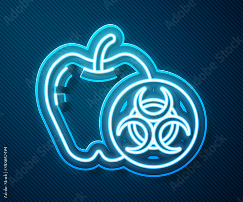 Glowing neon line Genetically modified apple icon isolated on blue background. GMO fruit.  Vector.