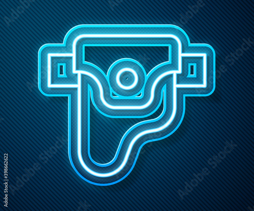 Glowing neon line Gun in holster, firearms icon isolated on blue background.  Vector.