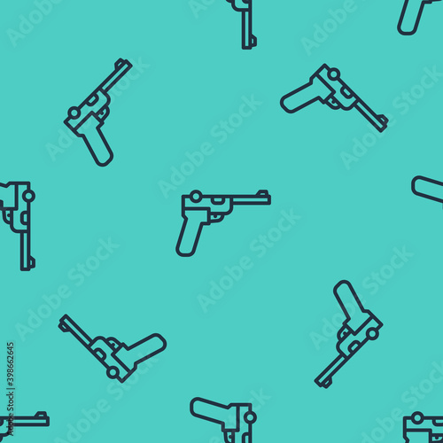 Black line Mauser gun icon isolated seamless pattern on green background. Mauser C96 is a semi-automatic pistol.  Vector.