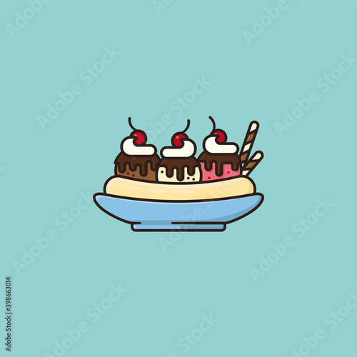 Banana split ice cream bowl vector illustration for Banana Split Day on 25th of August