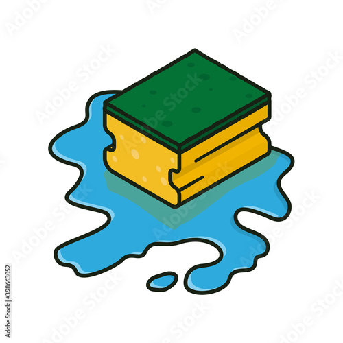 Dish washing sponge in puddle of water isolated vector illustration