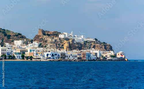 Fototapeta Naklejka Na Ścianę i Meble -  Mandraki Viilage and Panagia Spiliani monastery view from sea in Nisyros Island