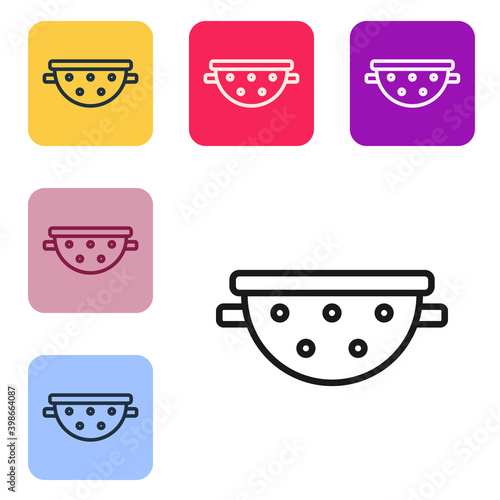 Black line Kitchen colander icon isolated on white background. Cooking utensil. Cutlery sign. Set icons in color square buttons. Vector.