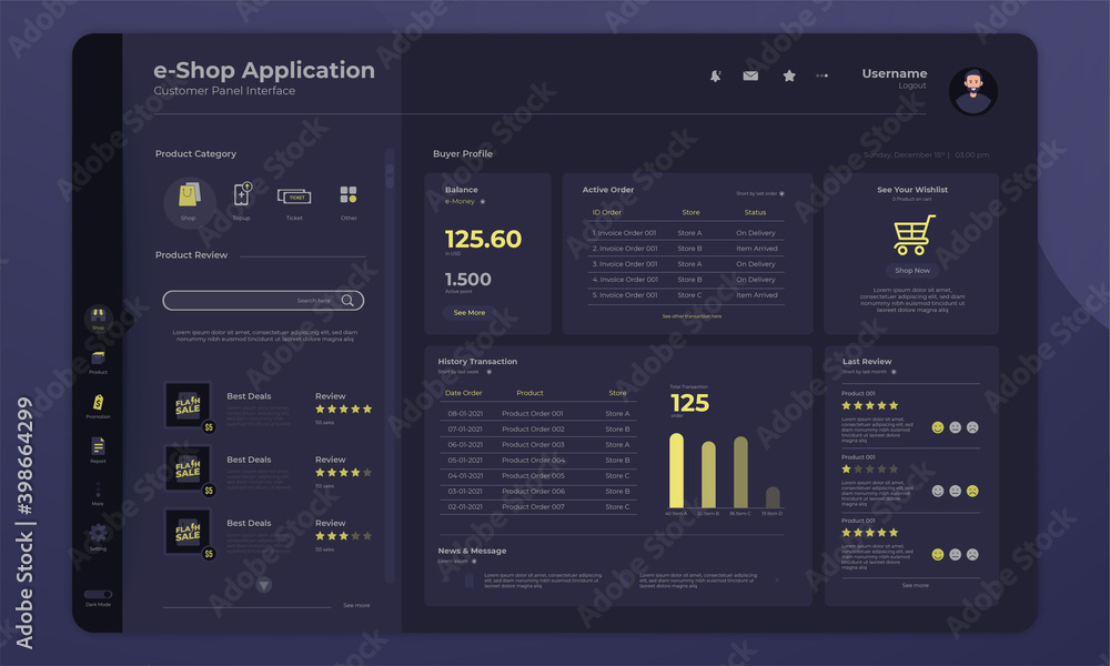 Online shopping application on dashboard buyer panel interface with dark mode concept