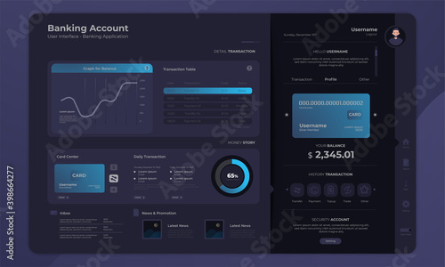 Banking account dashboard admin panel interface with dark mode concept