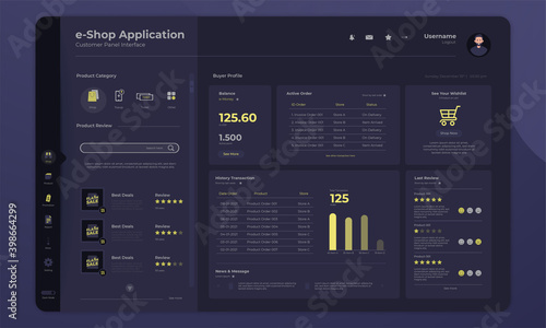 Online shopping application on dashboard buyer panel interface with dark mode concept