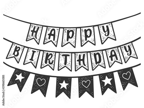 Canvas Print Happy birthday flags sketch raster illustration