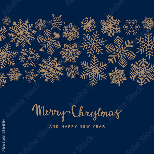 Christmas greeting card. Square winter holidays art template with snowflakes and letters. Decorative frame with christmas elements. Vector illustration.