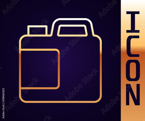 Gold line Plastic bottle for laundry detergent, bleach, dishwashing liquid or another cleaning agent icon isolated on black background.  Vector.
