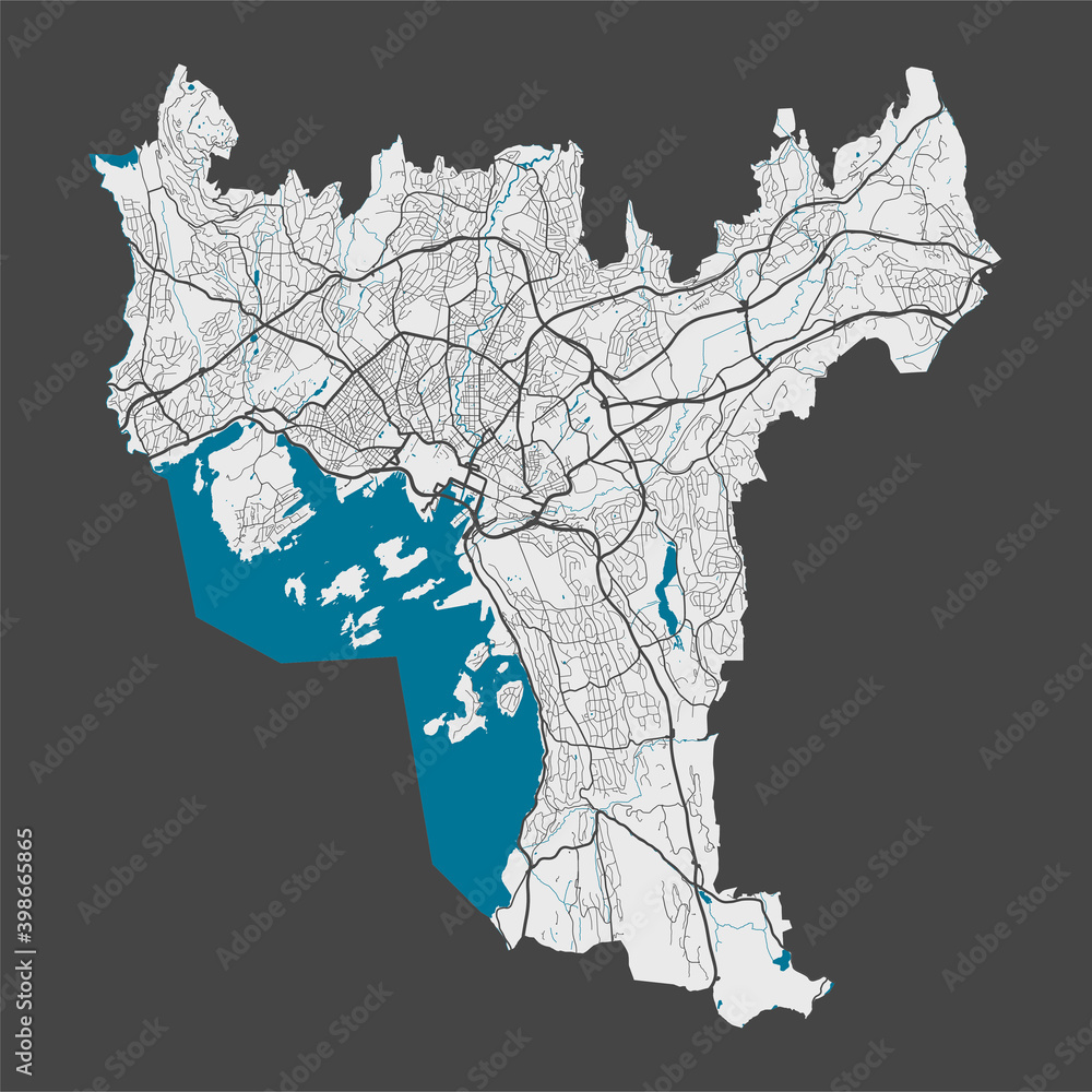 Detailed map of Oslo city, Cityscape. Royalty free vector illustration.