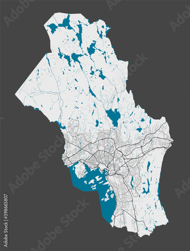 Detailed map of Oslo municipality county city, Cityscape. Royalty free vector illustration.