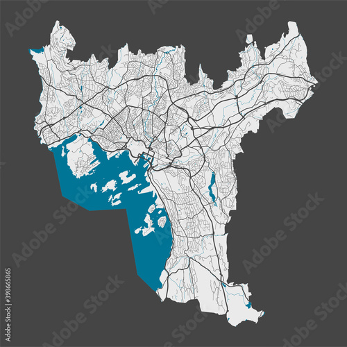 Detailed map of Oslo city, Cityscape. Royalty free vector illustration.