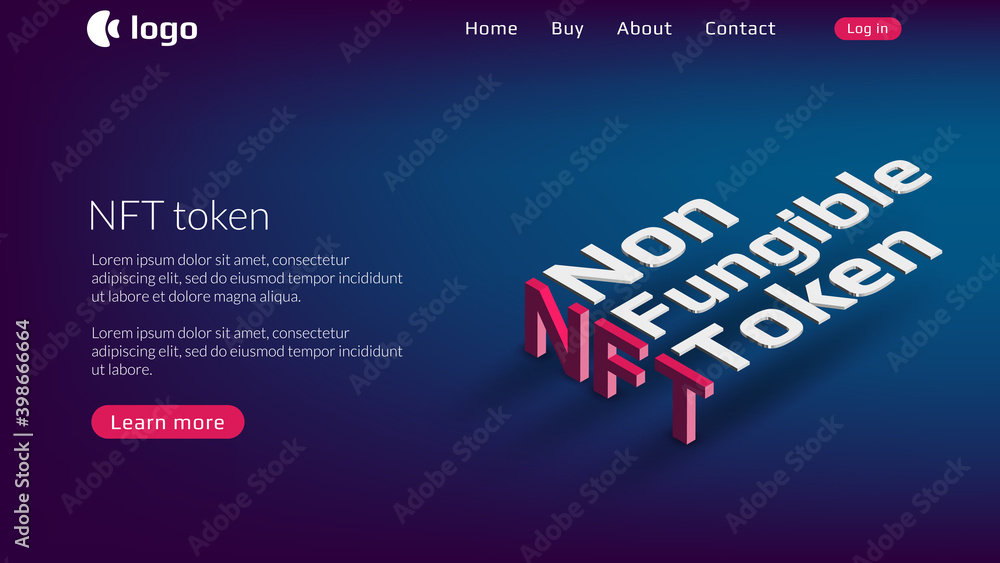 NFT nonfungible token website template with isometric text on blue background. New class of coins. Pay for unique collectibles in games or art. Vector illustration. - obrazy, fototapety, plakaty 