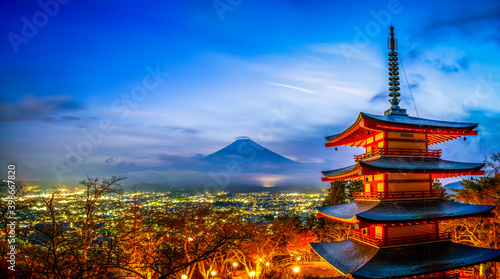 Mt. Fuji with Chureito Pagoda at sunset