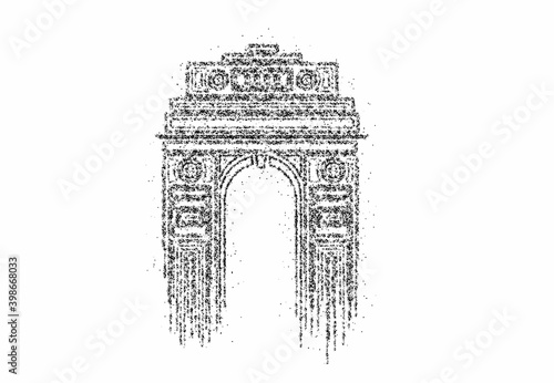 Particle Design India Gate at New Delhi. 1920s triumphal arch and war memorial. Line art vector illustration.
