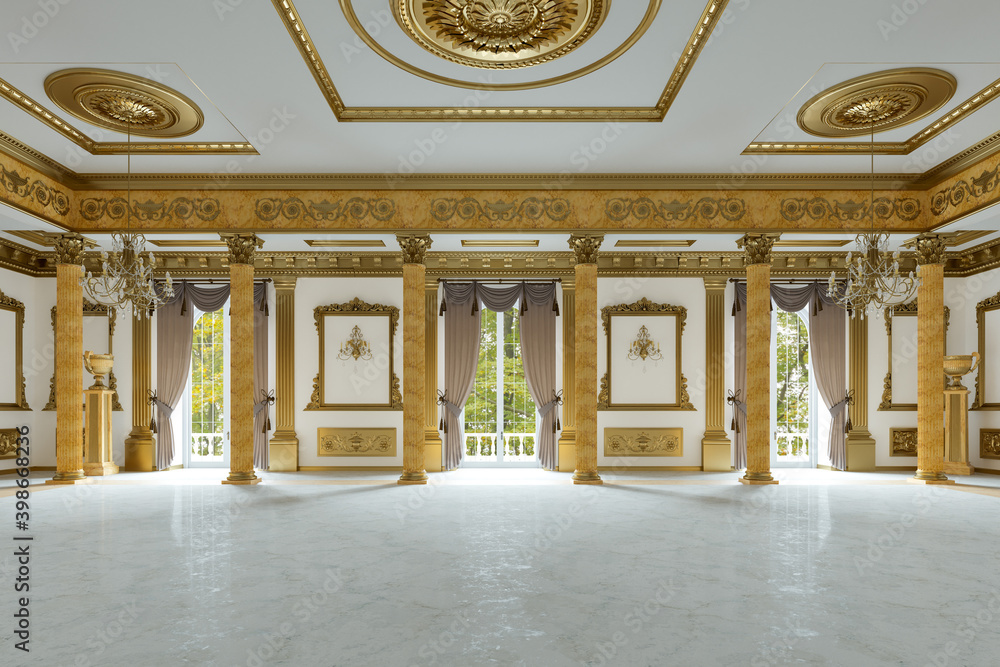 The ballroom and restaurant in classic style. 3D render. 3d image - obrazy, fototapety, plakaty 