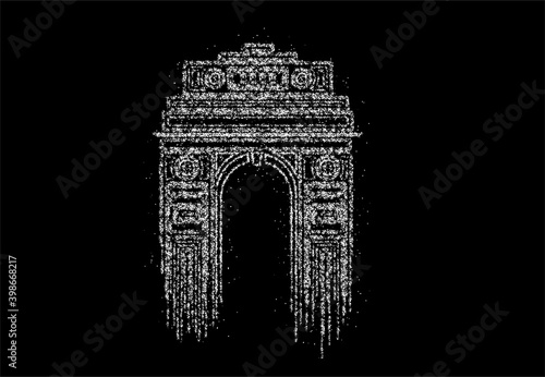 Particle Design India Gate at New Delhi. 1920s triumphal arch and war memorial. Line art vector illustration.