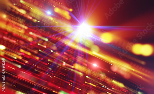 Shining space red background 3D illustration. Sunlight of beams and gloss of particles galaxies. 