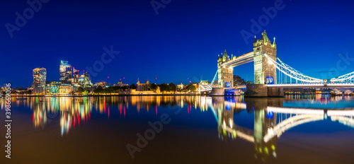 Panorama of Tower Bridge and financial district of London at dusk. England