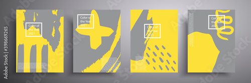 Set of geometric covers. Vector graphics. Trendy colors of 2021 year - gray and yellow. Modern abstract flyers, covers.