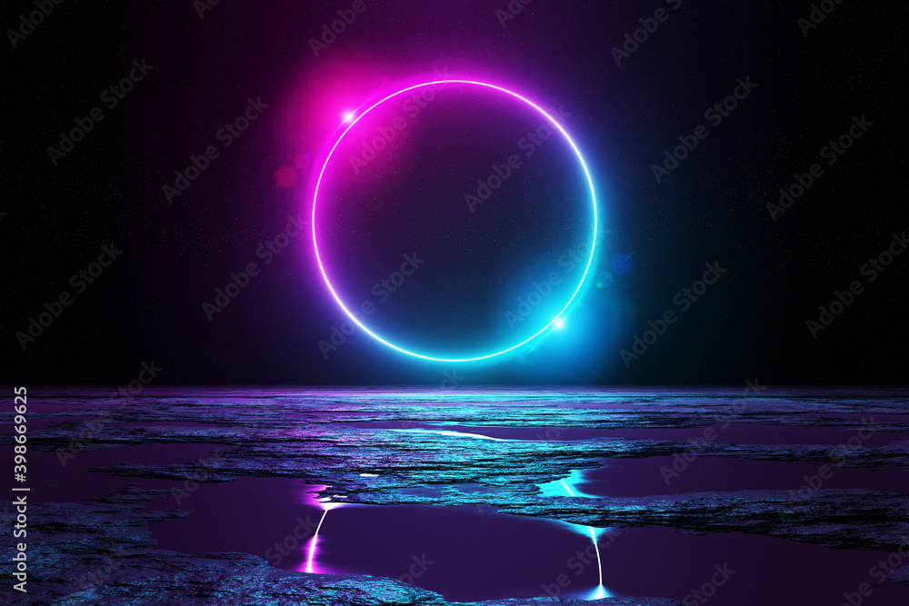 Abstract background with blue and pink neon light circle reflecting in the water 3D rendering