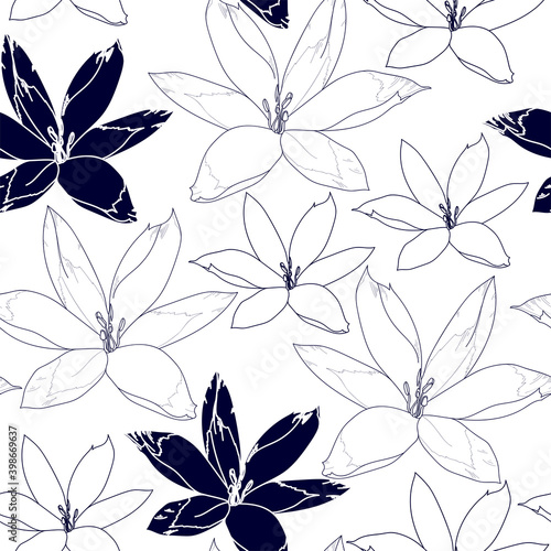 Seamless pattern with blue flowers on a white background. Hand drawn floral texture.