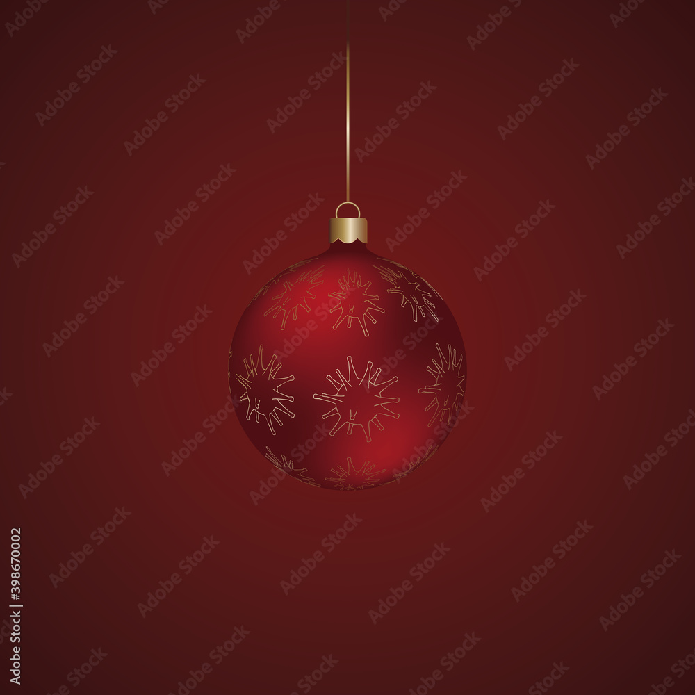 Christmas tree toy. Glass ball and coronavirus. Virus ornament. Colored vector illustration. Isolated red background. The Christmas decoration is hung on a string. Delicate decor.