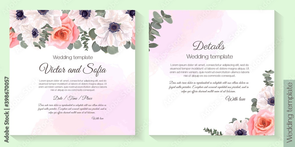 Floral template for wedding invitation. Watercolor background, white anemones, roses, eucalyptus.