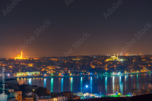 Photography Skyline panorama of Istanbul architecture at night. Turkey