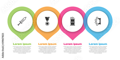 Set Sword, Military reward medal, Hand smoke grenade and Brass knuckles. Business infographic template. Vector.