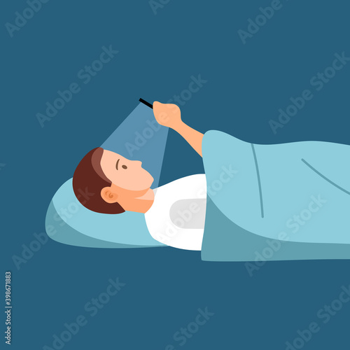 Man using smartphone at night in flat design. Male addict social media and sleep late. Insomnia. Blue light from smartphone reflecting eyes.