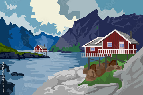 Norwegian nordic landscape including house and fjord vector illustration