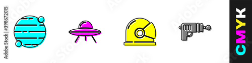 Set Planet, UFO flying spaceship, Astronaut helmet and Ray gun icon. Vector.