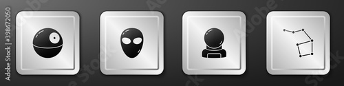Set Death star, Alien, Astronaut helmet and Great Bear constellation icon. Silver square button. Vector.