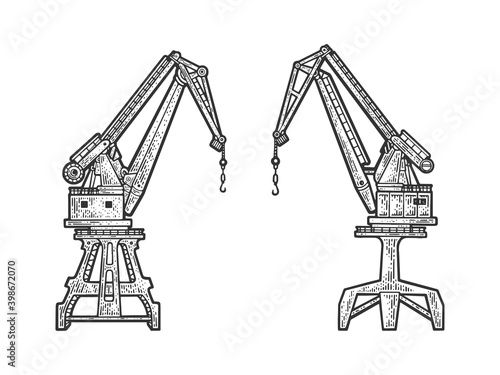 harbor crane sketch engraving vector illustration. T-shirt apparel print design. Scratch board imitation. Black and white hand drawn image.